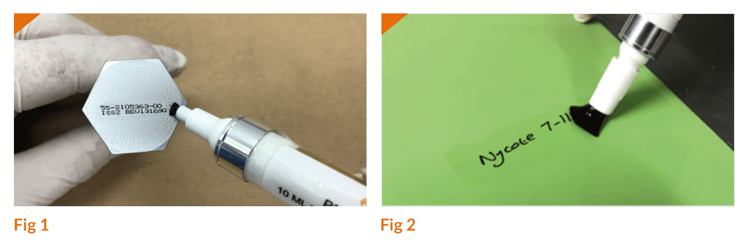 Figure 1 shows Nycotek™ pen applying Nycote 7-11 Clear to an aerospace fastener part marking. Figure 2 shows Nycotek™ pen applying Nycote 7-11 Clear to an aerospace-approved marking ink and paint.