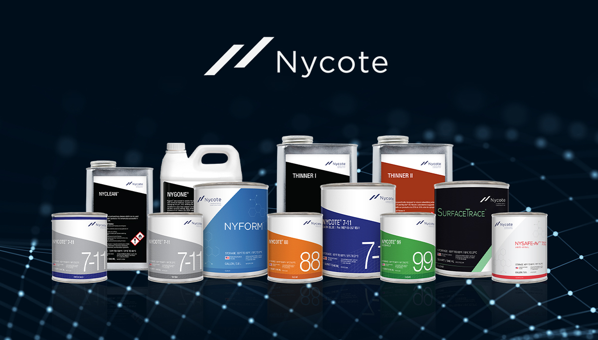 An image of the current Nycote Family Product Line of specialist thin film coatings